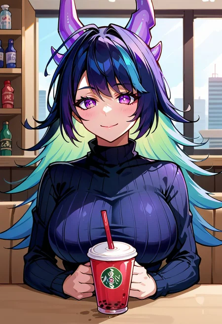 score_9, score_8_up, score_7_up, source_anime, 1girl, city,
BREAK ,
1girl, dis_dp, multicolored hair, horns, purple eyes, upper body, curvy, turtleneck, sweater, smile, closed mouth, cafe, boba drink, sitting, pov across table,