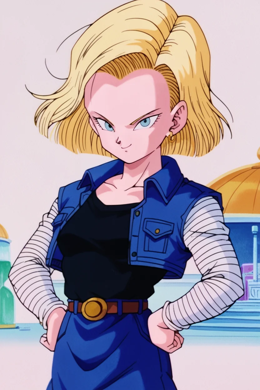score_9,score_8_up, score_7_up, BREAK a18,retro artstyle, 1girl, blonde hair,yellow earrings, upper body, hands on own hips,gold belt buckle, long sleeves, looking at viewer, black shirt, short hair, blue denim skirt,brown buttons, solo, standing, white striped sleeves, light blue eyes,breast pocket, while floor,horizon, blue denim jacket,white sky,smirk, brown belt,floating hair, open jacket,floating hair,time chamber,hourglass, lamppost,outdoors, building,pillar,round roof <lora:Android18Pony:1> <lora:HBTCPony:1>