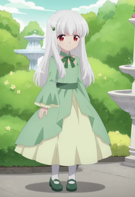 score_9, score_8_up, score_7_up, score_6_up, score_5_up, score_4_up , anime coloring ,BREAK source_anime, anime,screencap,
1girl, solo, sophiea, hairclip, white pantyhose, green dress, green mary janes,<lora:PonyXL Sophia Ascart V1:1>
outdoors, garden, bushes, flowers, detailed background, fountain,
smile, looking at viewer,