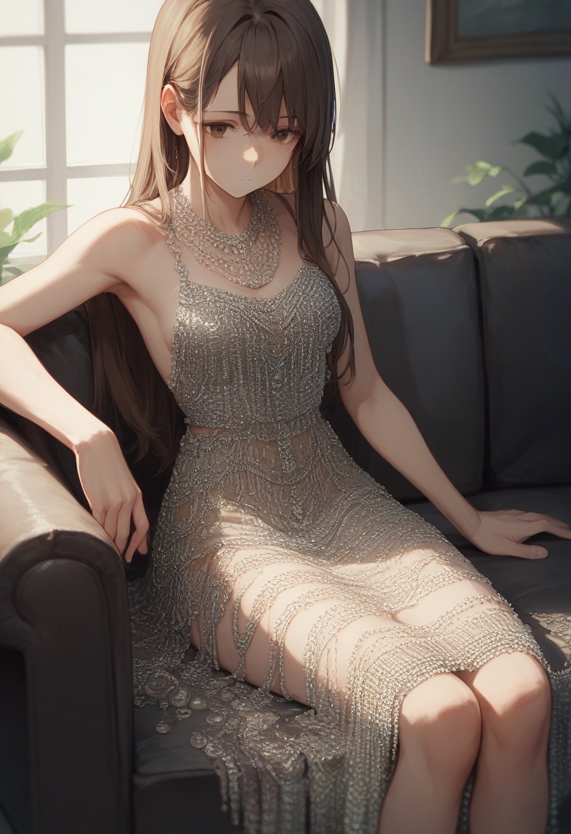 score_9, score_8_up, score_7_up, score_6_up, source_anime, <lora:beaded_dress_v0.1-pony:1>
1girl, long hair, brown hair, 
beaded dress, sitting, 
sofa,
