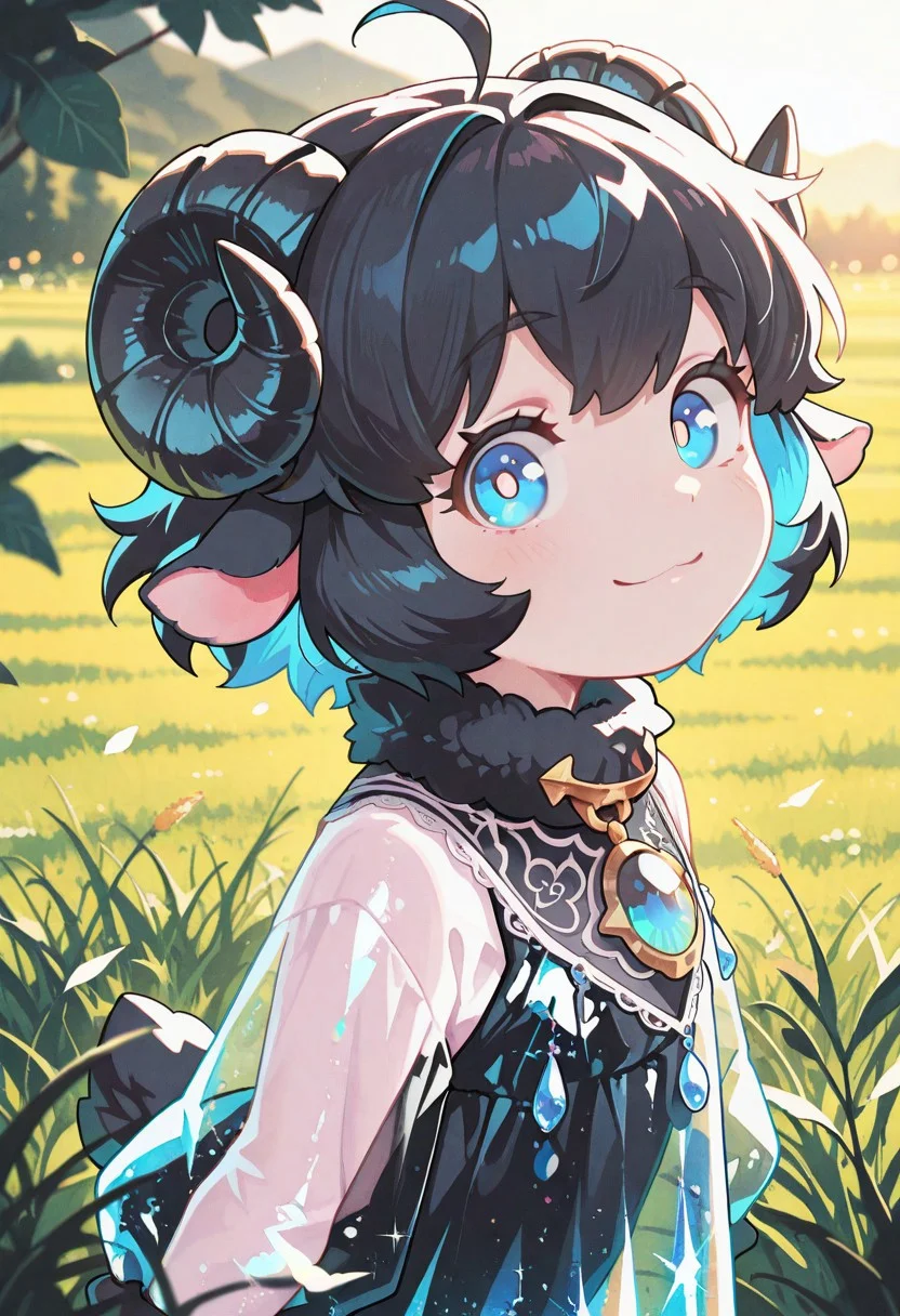 score_9, score_8_up, score_8, highly detailed, masterpiece, source_anime, cinematic light, hyper cute style, cinematic lighting, depth of field, volumetric lighting, highres, absurdres, soft pastel colors. realistic, highs details, intricate details, (hyperdetailed), high detail, best quality, very aesthetic BREAK 1girl, solo, masterwork, masterpiece, best quality, very aesthetic, absurdres, newest, highres, very awa, detailed, year 2025, detailed eyes, scenery, volumetric lighting, side lighting, looking at viewer, upper body, side view,(two tone hair), sheep girl, ((translucent sparkly sheep horns)), thick sheep horns, sheep ears, black fur, from above, portrait, black fur collar, saphire brooch, looking at viewer, blue eyes, beautiful eyes, bright pupils, satyr, bright smile, meadows, scenery, grass.