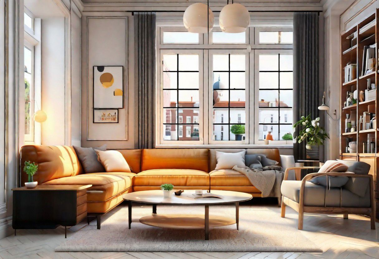 ((front view)), ((animation style)), modern-style interior, with white walls, (large windows), Nordic-style furniture, a  study, Sofa, coffee table, bookcase, single wall, 
warm light morning sun, (the view of the city)