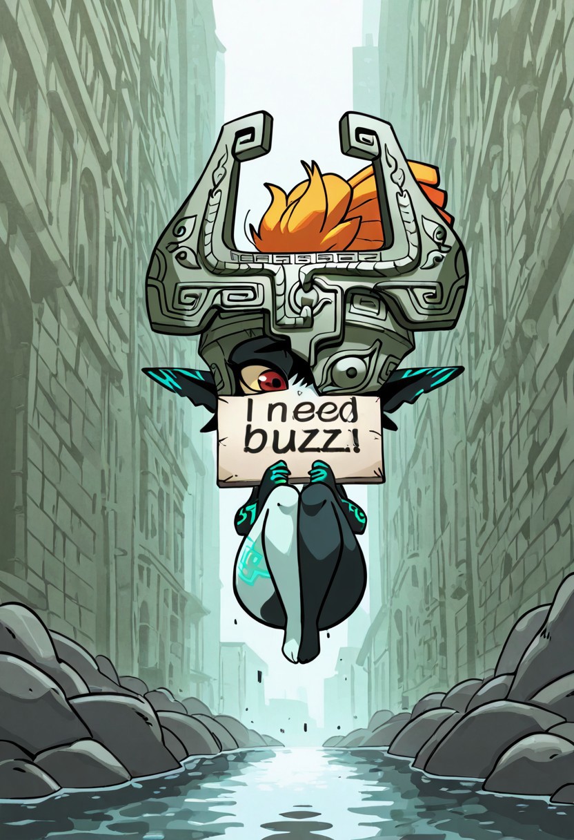 best quality, newest, absurdres, highres, high quality, masterpiece, source anime, 
midna, shameful, floating, legs curled up,
need_buzz, holding sign that says "Need Buzz",
diives,
riverside, detailed background,