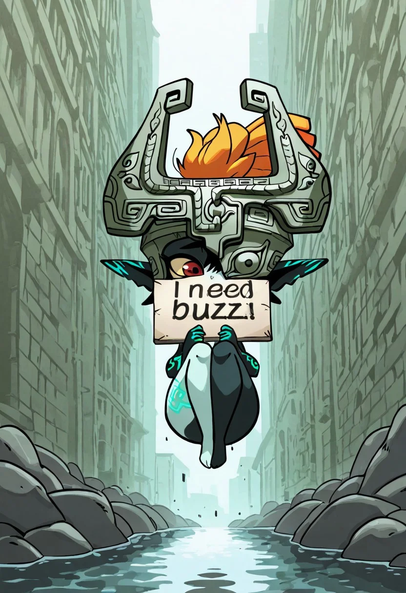 best quality, newest, absurdres, highres, high quality, masterpiece, source anime,
midna, shameful, floating, legs curled up,
need_buzz, holding sign that says "Need Buzz",
diives,
riverside, detailed background,