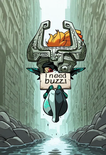 best quality, newest, absurdres, highres, high quality, masterpiece, source anime,
midna, shameful, floating, legs curled up,
need_buzz, holding sign that says "Need Buzz",
diives,
riverside, detailed background,