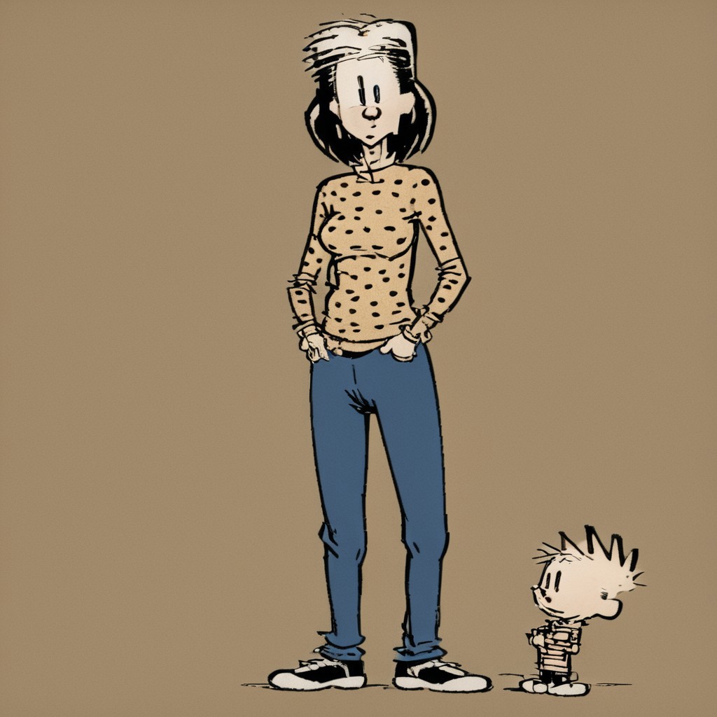 solo woman, facing camera, illustrated woman, wearing pants and a sweater, art style of Bill Watterson, full shot,