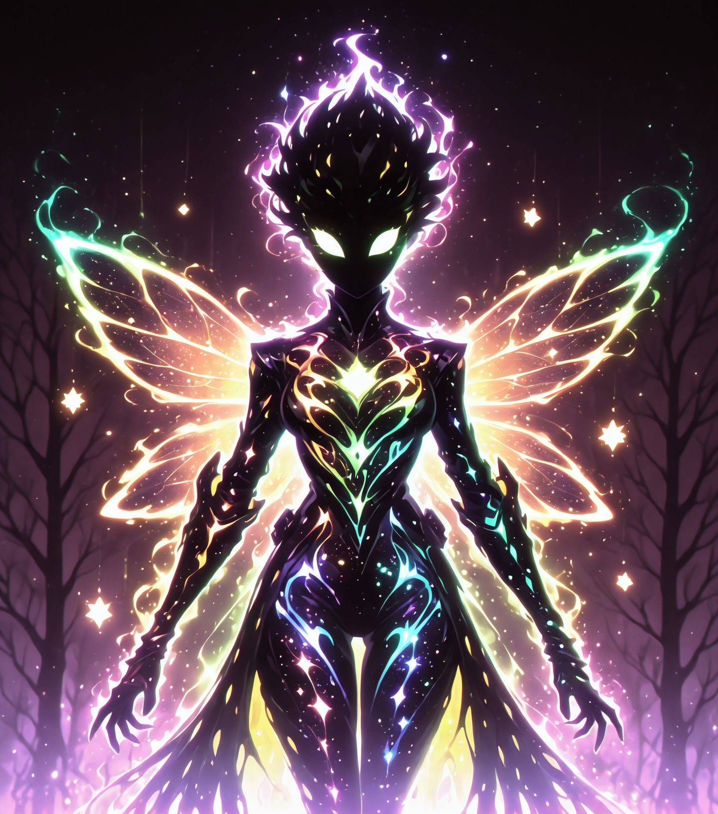 <lora:Shadows_v3_Buns:0.75> sh4d0wv3, black silhouette, solo, colorful aura, Starborn Ranger, cosmic-patterned leather, glowing astral bow, galactic arrows, celestial forest, masterpiece, best quality, amazing quality