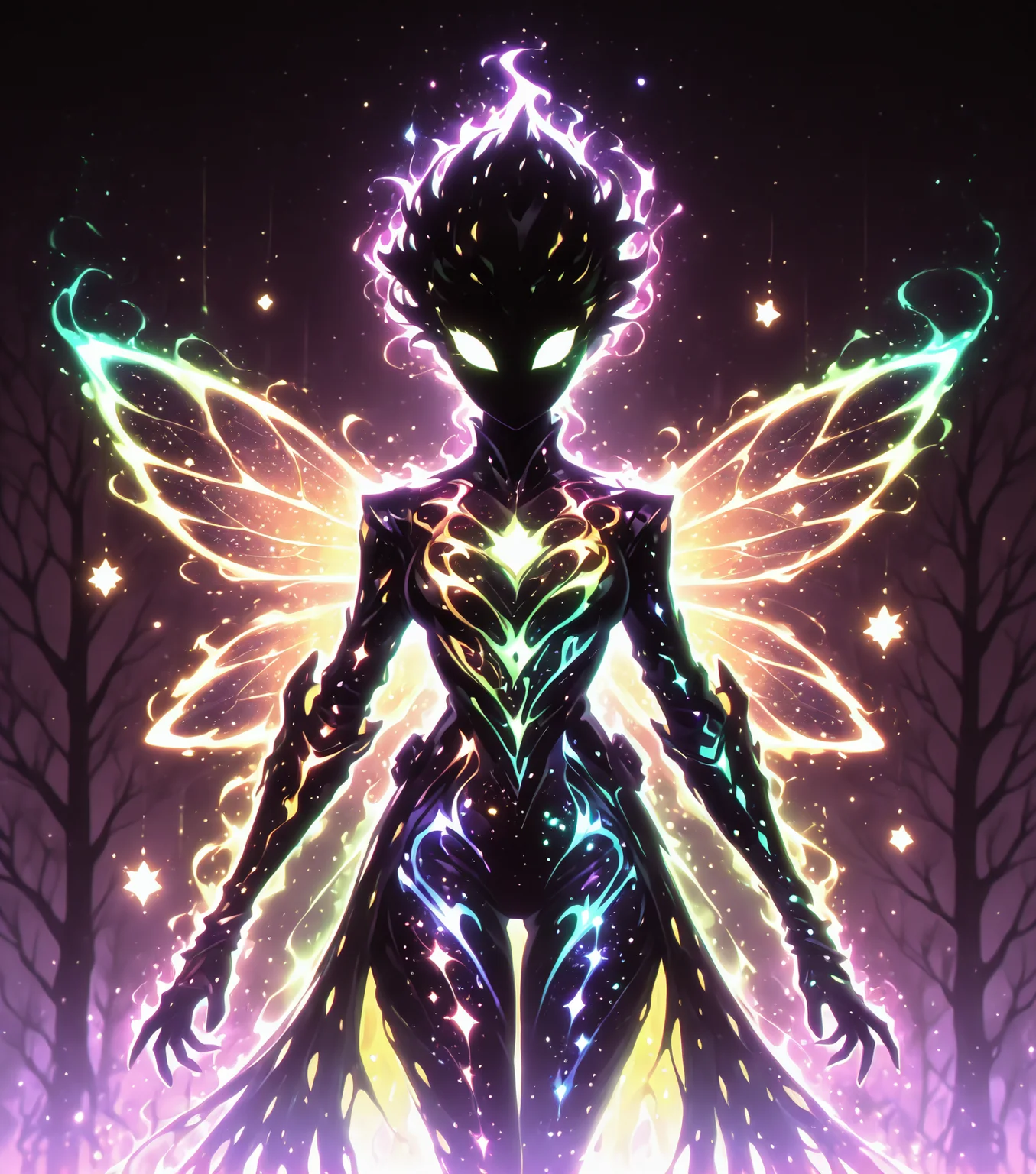 <lora:Shadows_v3_Buns:0.75> sh4d0wv3, black silhouette, solo, colorful aura, Starborn Ranger, cosmic-patterned leather, glowing astral bow, galactic arrows, celestial forest, masterpiece, best quality, amazing quality