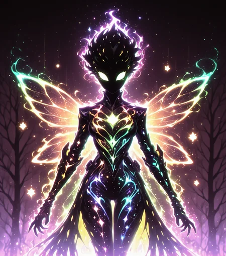 <lora:Shadows_v3_Buns:0.75> sh4d0wv3, black silhouette, solo, colorful aura, Starborn Ranger, cosmic-patterned leather, glowing astral bow, galactic arrows, celestial forest, masterpiece, best quality, amazing quality