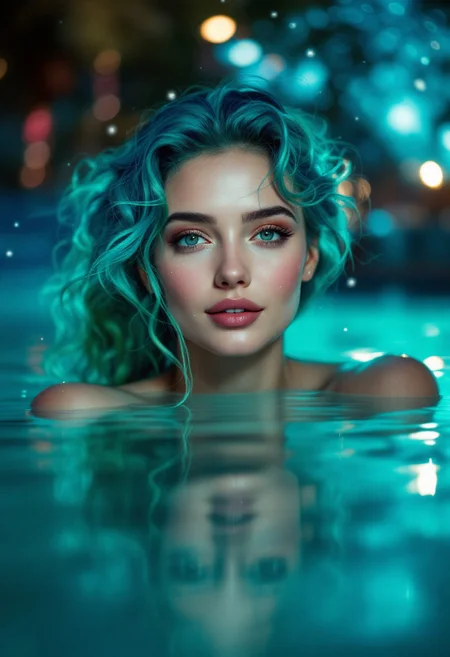 A mesmerizing close-up shot of a conceptual portrait of a woman at a serene nighttime pool party. The woman's hair is a stunning blend of blue and green, and she gracefully floats on the water's surface, her eyes locked on the starry sky. Her serene smile and enchanting stare captivate the viewer. Her captivating presence is accentuated by her form-fitting attire and her dreamy reflection in the water. This photographic masterpiece, steeped in conceptual art, is both vibrant and ethereal, embodying the essence of fashion and portrait photography artistry