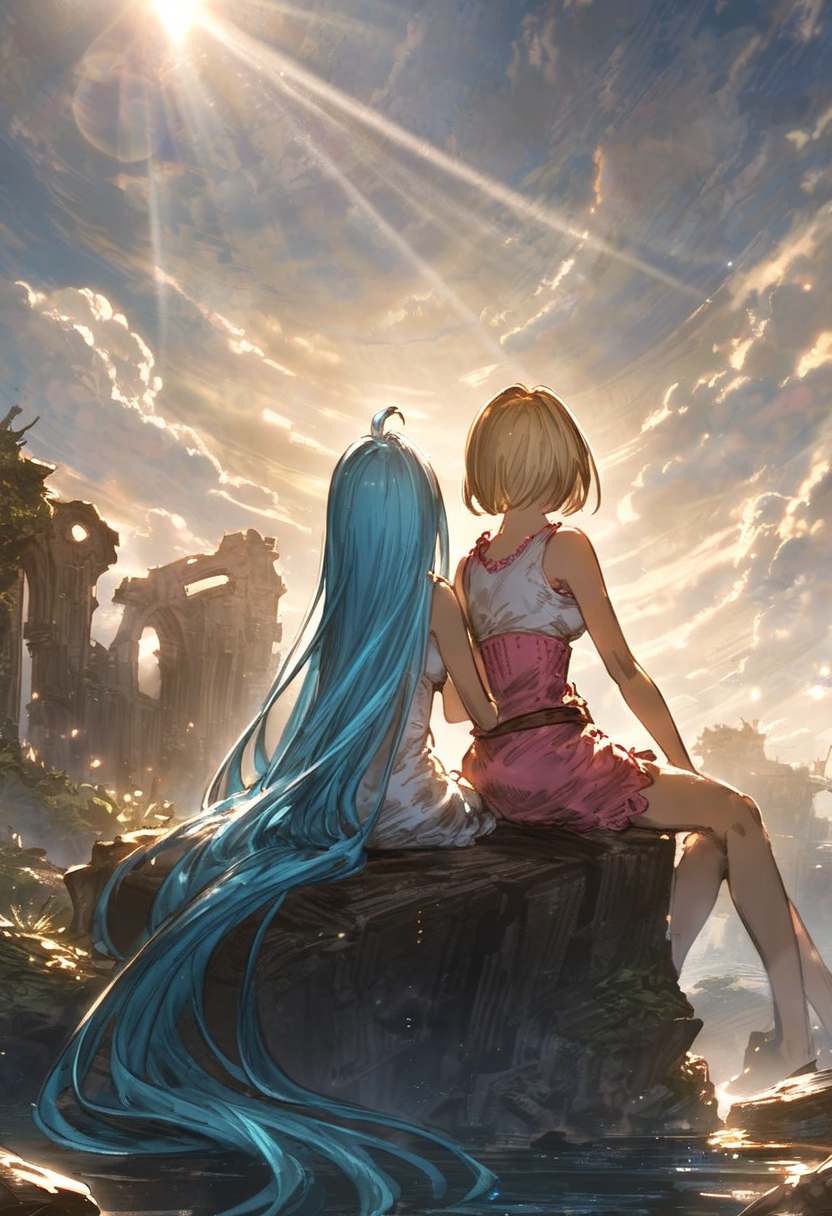 best quality, aesthetic,, 
blue sky, cloudy sky, cloud, sunlight, lens flare, ruin, landscape, 
2girls, yuri, sitting on a rock, from behind, 
djeeta \(granblue fantasy\), medium breasts, blonde hair,
lyria \(granblue fantasy\), very long hair, blue hair, small breasts, skinny,
<lora:JitaRuri-XL:1> jitaruri, (sketch:0.5),