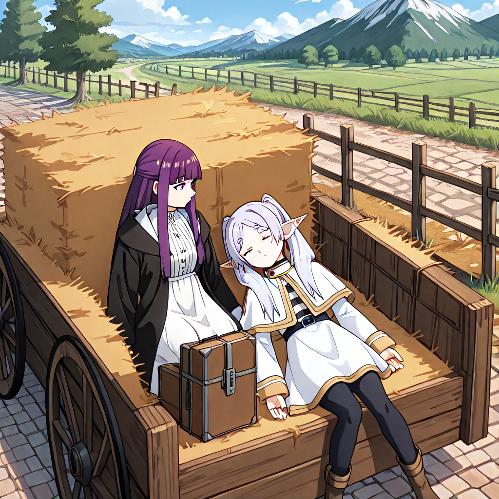 absurdres, sensitive, 2girls, frieren, fern, lying, on back, sleeping, hay cart, hay, huge wagon, elf, grey hair, twintails, capelet, black pantyhose, purple hair, long hair, straight hair, white dress, long sleeves, robe,  suitcase, sky, cloud, tree, rural, fence, mountain, stone road, shadow, upper body, green tree, greenery, from above, <lora:haycart_ilxl:1>