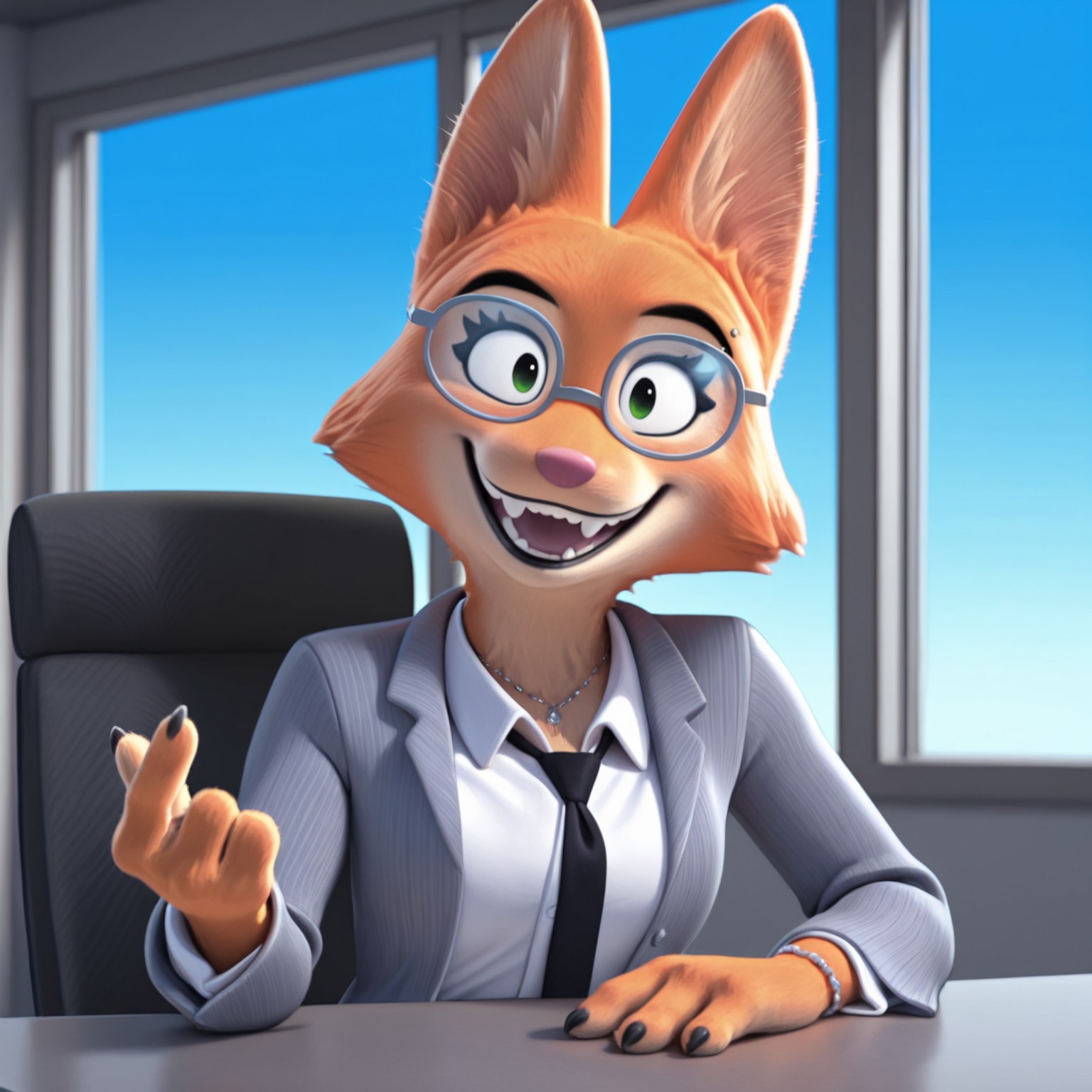 uncensored, masterpiece, best quality, highly detailed, realistic, 1girl, solo, DianeTBG, female furry, anthro, fox, cheek tuft, black eyebrows, eyebrow piercing, green eyes, pink nose, orange body, orange fur, tan body, tan fur, two tone body, two tone fur, grey round glasses, grey business suit, white dress shirt, black tie, necklace, bracelet,  smile, open mouth, looking at viewer, wide eyes, sitting, table, chair, window, front view, detailed background, hand on table, upper body,  hand on table, ((4 fingers, beckoning)), black office chair, blue sky, inviting, black claws, teeth