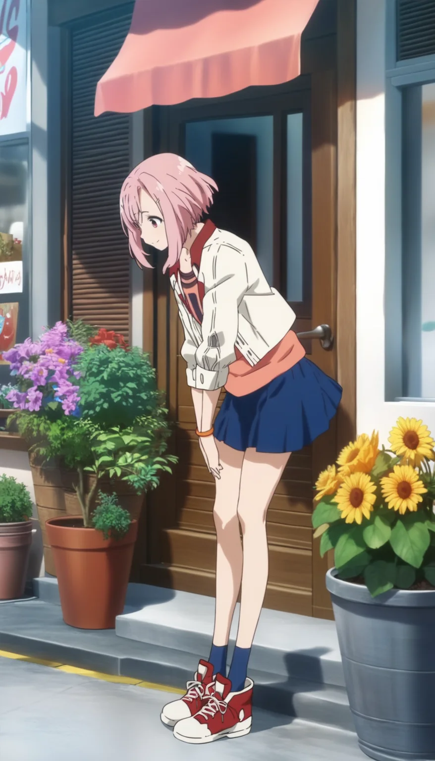 score_9,score_8_up,score_7_up,
<lora:yoshinokoharu>,yoshinokoharu,
1girl,solo,pink hair,short hair,bangs,red eyes,smile,closed mouth,white jacket,open jacket,orange tank top,blue pleated skirt,high-top red canvas sneakers,deep blue socks,full body,leaning forward,facing aside,from above,bowing,standing,outdoors,morning,summer,street,shop,flower pot,stairs,door,