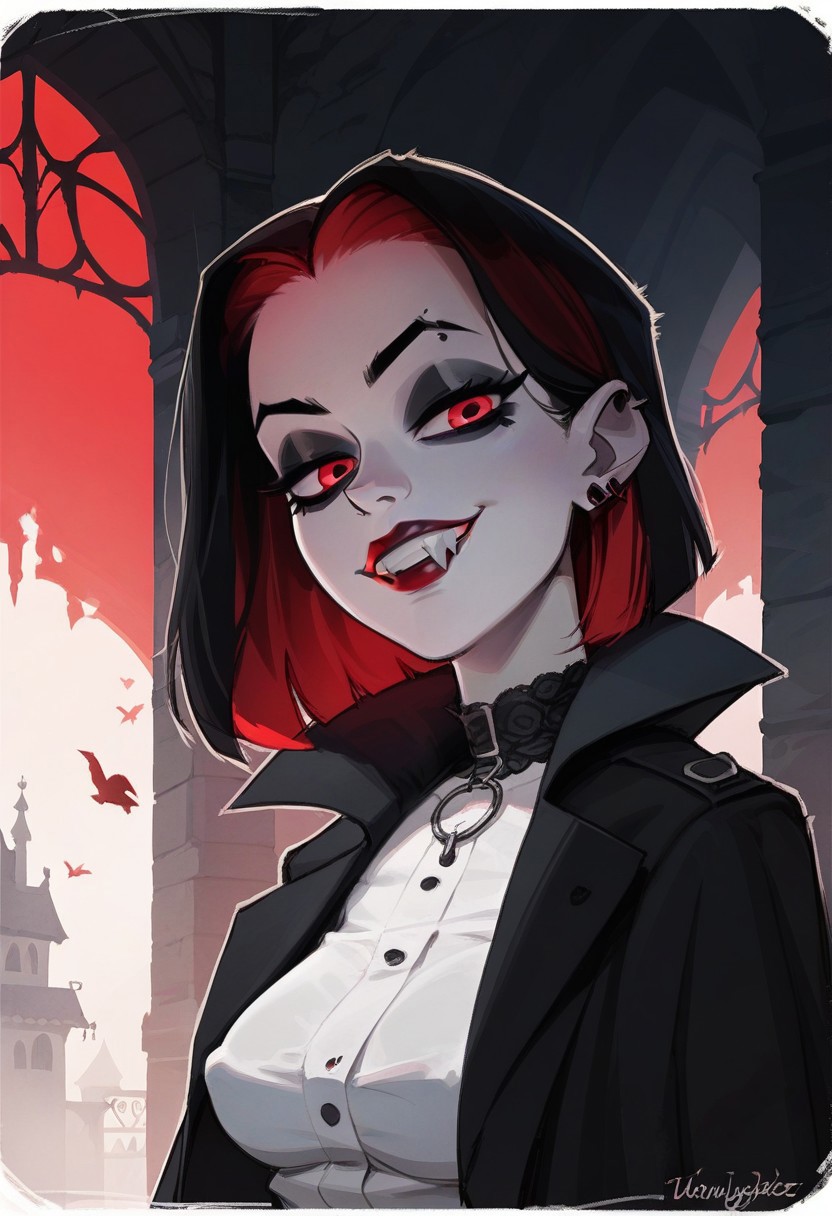 score_9, score_8_up,  score_8_up,  sexy woman,   vampires, intricate outfit, bobcat hairstyle,  black coat,  fangs, smug,  gothic atmosphere, crows, dark castle, outdoors,  black colors, red colors, detailed background,  simple shadows, flat coloring, flat shadows, thick lines, white outline,