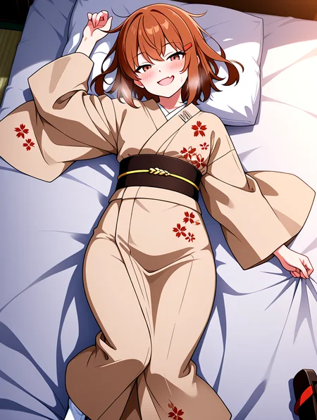<lora:ikatuchi-yukata-outfit-000009:1>,ikatsuchi-wafuku,maple leaf floral print yukata,decorate black obi,iii iron symbol,short hair,brown japanese clothes,solo,brown hair,1girl,hairclip,hair ornament,fang,wide sleeves,brown eyes,skin fang,alternate costume,tabi,geta,
lied on bed,from above,curvy,bed sheet,
blush,seductive smile,gasping,steam,sweat,messy hair,looking at viewer,
masterpiece,best quality,newest,absurdres,highres,detailed eyes,beautiful,detailed background,perfect eyes,anime coloring,full_shot,anime screencap,
nsfw,explicit,<lora:add-detail-xl:1>,<lora:ponyv4_noob1_2_adamW-000017:0.8>,wear clothes,
1girl,solo,
looking at viewer,