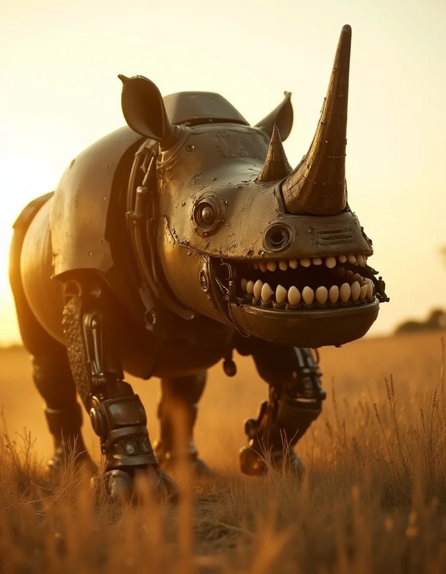 A robotic rhino stomps across the golden savanna, its bronze-plated body dented and weathered from battles long forgotten. As the sun sets behind it, casting long shadows across the dry grass, the rhino lowers its head. When it opens its mouth, the ral-rbotth inside gleam unnervingly, their human-like imperfections rendered in disturbing detail. Dust clings to the teeth, making their organic realism all the more unsettling against the massive, industrial form of the rhino.
<lora:ral-rbotth-flux_000003000:1>