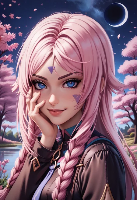 citlali
long hair,facial mark,blue eyes,twin braids
seduvice face, smirk smile
sit on chair, look at viewer, upper body can be seen, hand on face, wind blowing hair
 garden, trees, lake, pink flowers, wind, night, moon, softlight, stars
Detailed background, detailed, DNDFG, Detailed drawing, Fixhand