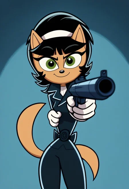 <lora:KittyKatswellPony10:0.8> Kitty Katswell, aiming gun at viewer, solo, tail, gloves, furry, white gloves,black bodysuit,long sleeves,white hairband, smile, furry female, cat ears, 1girl, cat girl, black hair, short hair, standing, green eyes,score_9, score_8_up, score_7_up, score_6_up, score_5_up, score_4_up, looking at viewer, cowboy shot,