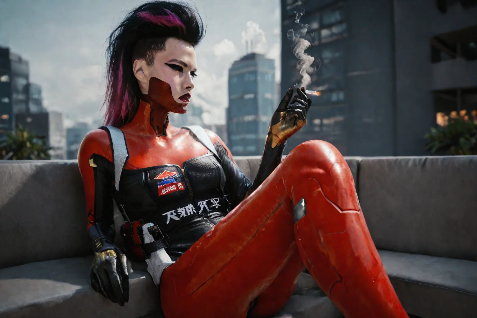 neonpunk style ((Glamour Portrait)),score_9, score_8_up:1.1),score_7_up,1girl, depth of field,
Cyberpunk woman in futuristic red and black bodysuit, sitting casually on ledge at night. Long black hair in high ponytail with shaved sides. Striking makeup with sharp eyeliner and red face paint. Robotic arms and legs visible. Holding lit cigarette in raised hand. Urban nighttime background with neon lights. Confident pose, looking to the side. Sleek, high-tech aesthetic with a mix of shiny and matte textures on the suit. Strong contrast lighting emphasizing red outfit against dark surroundings.
<lora:cyberpunk_tiger_claws_woman:0.7>
<lora:d3t41l3dXLP:0.8>d3t41l3d. . cyberpunk, vaporwave, neon, vibes, vibrant, stunningly beautiful, crisp, detailed, sleek, ultramodern, magenta highlights, dark purple shadows, high contrast, cinematic, ultra detailed, intricate, professional
