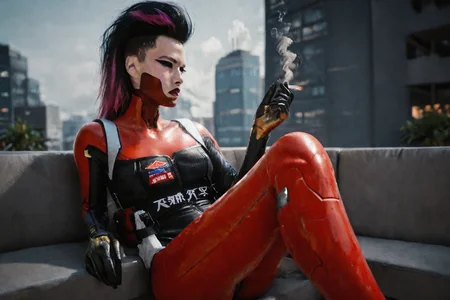 neonpunk style ((Glamour Portrait)),score_9, score_8_up:1.1),score_7_up,1girl, depth of field,
Cyberpunk woman in futuristic red and black bodysuit, sitting casually on ledge at night. Long black hair in high ponytail with shaved sides. Striking makeup with sharp eyeliner and red face paint. Robotic arms and legs visible. Holding lit cigarette in raised hand. Urban nighttime background with neon lights. Confident pose, looking to the side. Sleek, high-tech aesthetic with a mix of shiny and matte textures on the suit. Strong contrast lighting emphasizing red outfit against dark surroundings. 
<lora:cyberpunk_tiger_claws_woman:0.7>
 <lora:d3t41l3dXLP:0.8>d3t41l3d. . cyberpunk, vaporwave, neon, vibes, vibrant, stunningly beautiful, crisp, detailed, sleek, ultramodern, magenta highlights, dark purple shadows, high contrast, cinematic, ultra detailed, intricate, professional