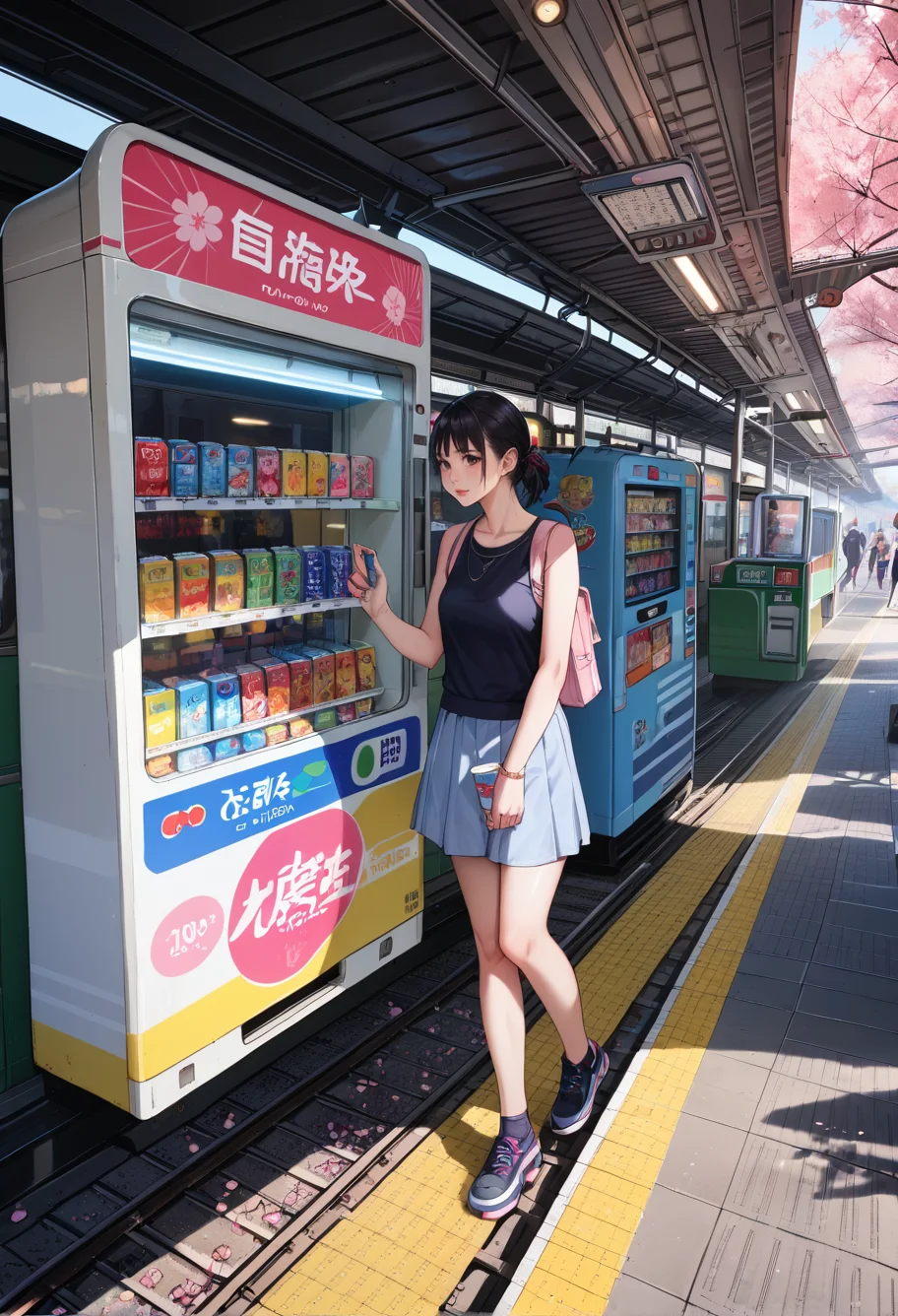 ,ruanyi0802,train station,cherry blossoms,vending machine,<lora:802 Sakura Train Station_v1_pony:1>, score_9,score_8_up,score_7_up,,8k,1girl,solo,,
