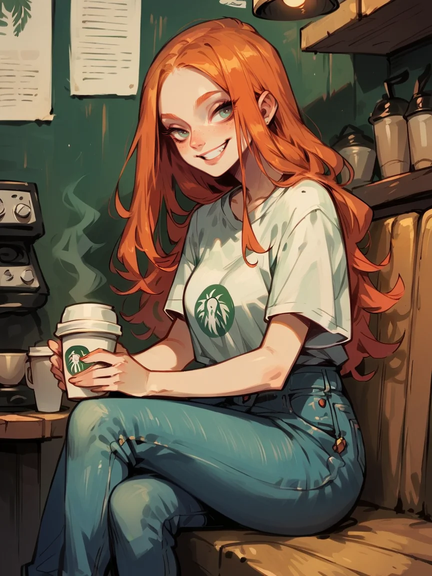 score_9, score_8_up, score_7_up, score_6_up, 1girl, long hair, ginger hair, smile, <lora:cr33pp41ntXLP:1> cr33pp41nt, dark, curvy, t-shirt, jeans, holding cup, sitting, coffee shop, flirty