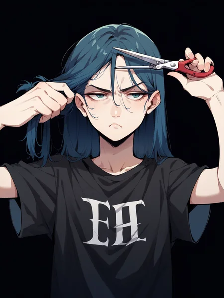 score_9, score_8_up, score_7_up, score_6_up, <lora:cuth41rXLP:1> cuth41r, cutting hair, (holding scissors:1.4), haircut, grumpy, black background, 1girl, black t-shirt, long hair, holding hair
