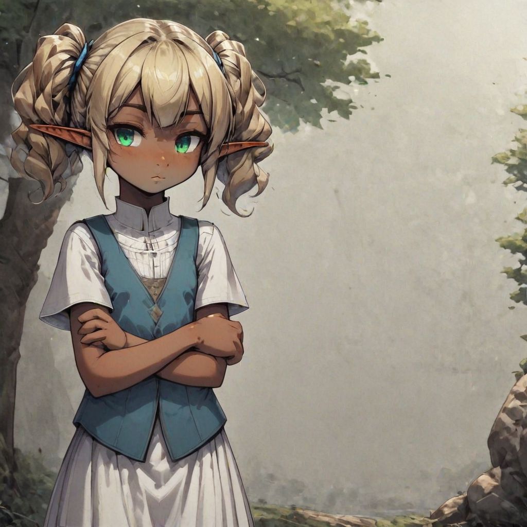 ASCIILapanya, 1 person, 3/4 angle, solo, pointy ears, ((snout nose)), flat chest, fully grown adult, stocky stature, bangs, ((dark tan skin)):1.2, blonde hair, twintail hair, wavy hair, impatient expression, crossed arms, green irises, white tunic, blue vest, white skirt, knee-length spats, standing, ((holding rucksack)), small nostrils, ((3 fingers)), outdoors, fully clothed, clean lines, highly detailed face, high quality, best quality, masterpiece quality, snapshot, close up, rating: g