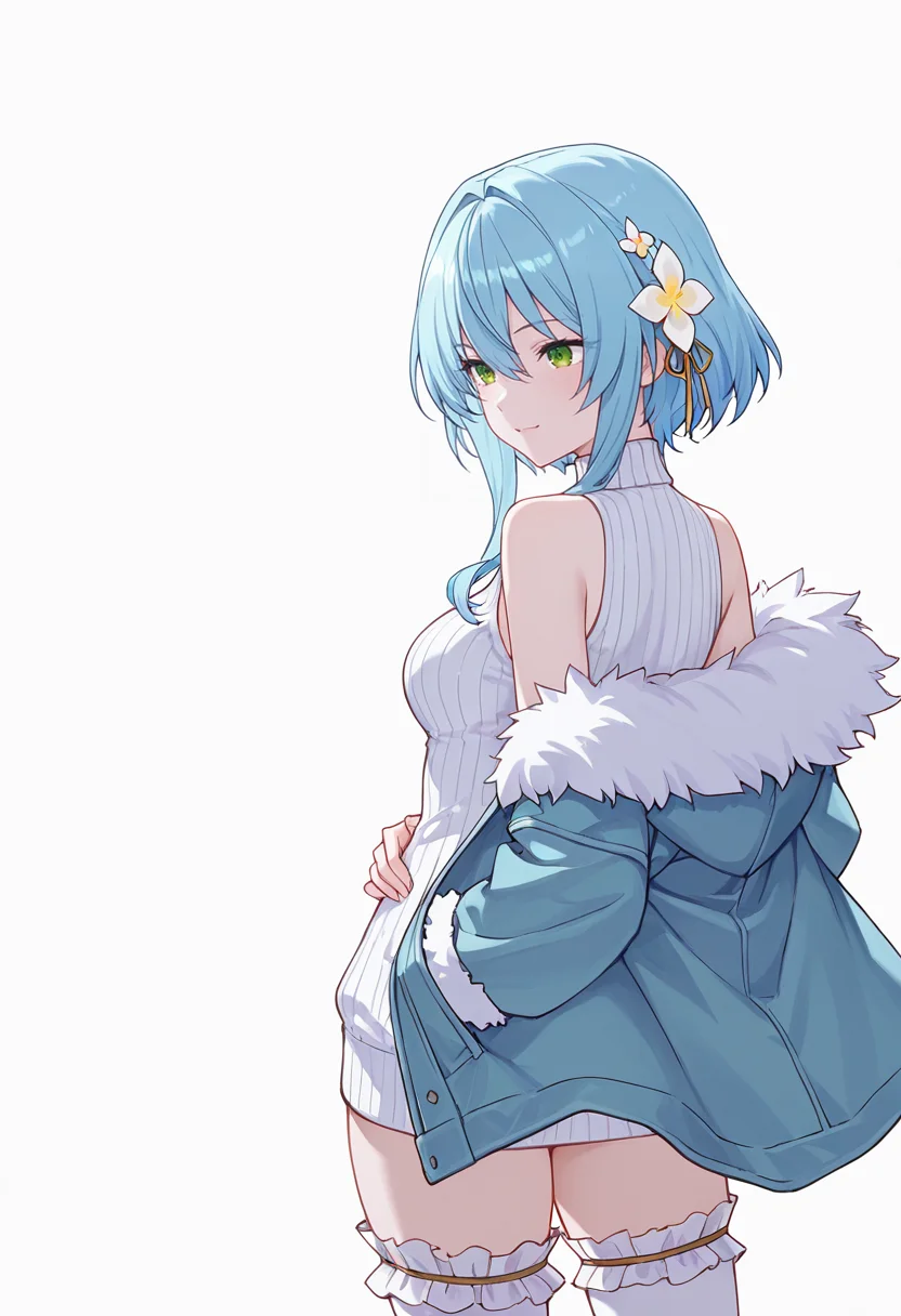 Smooth Quality,masterpiece,very intricate, high quality details, ultra realistic, high detailed skin,detailed enviorement,absurdres,
hand on own stomach,
<lora:Villhaze_CNR:0.8> villhaze_cnr, 1girl,blue hair, short hair with long locks, green eyes, hair between eyes, hair flower,bare shoulders,, simple background, white background, from behind,
walking pose, one hand in pocket, head slightly turned, casual stride,,, ^o^,, fur-trimmed jacket, ,turtleneck sweater, ,frilled thighhighs, ,