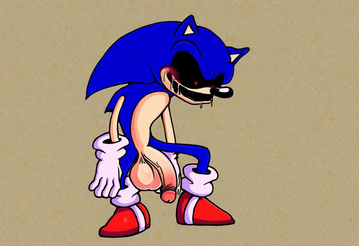Luis_EXE, gloves, 1boy, animal ears, blue hair, shoes, socks, white gloves, white socks, spiked hair, red footwear, furry, furry male, body fur, white fur, animal nose, two-tone fur, blue fur, sonic the hedgehog, dark, menacing appearance, gleowing red eyes exaggerated, creepy elements features big penis, big balls, huge penis. Huge balls, blushing, masturbation