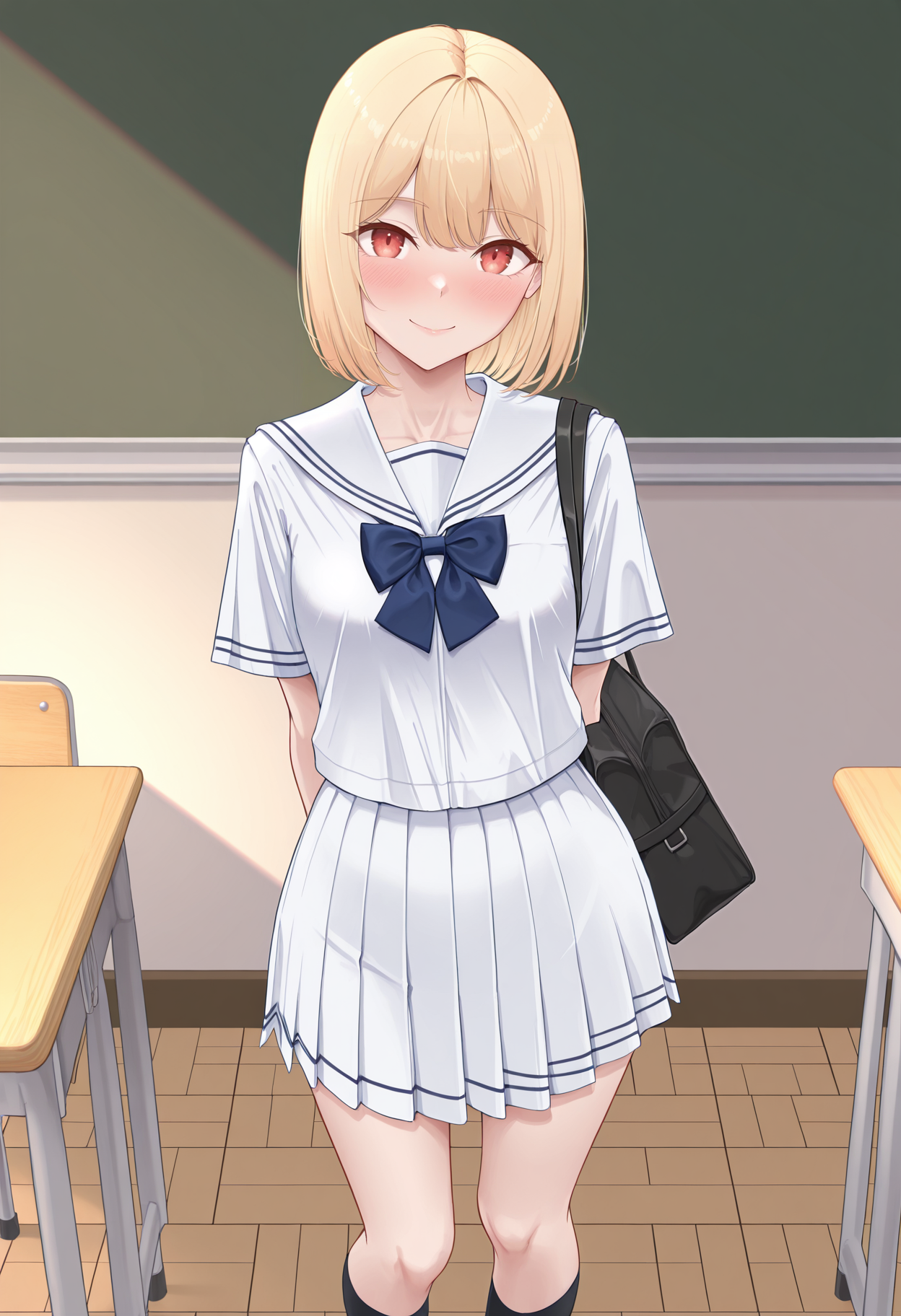 highres, best quality, masterpiece, classroom, 
1girl, solo, kmtnicole, short hair, blonde hair, red eyes,
serafuku, blue bowtie, white shirt, short sleeves, white skirt, black socks, black bag, shoulder bag,
looking at viewer, smile, blush,
arms behind back, standing,
<lora:_nicole_ninagawa-elesico-ilxl_1-000017:1>