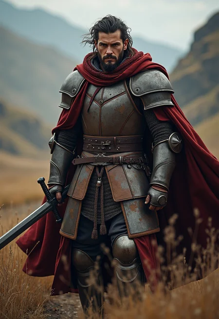 He was cloaked and booted as if for a journey on horseback; and although his garments were rich and handsome, they were stained with long travel. His dark hair was shorn about his shoulders, he was clad in a coat of mail, and girt with a great long-sword, and he looked at them as if to challenge them to strike. He seemed older and more kingly, yet more like a soldier than before.
His hood was cast back, and his dark hair was blowing in the wind, a light was in his eyes: a king returning from exile to his own land.