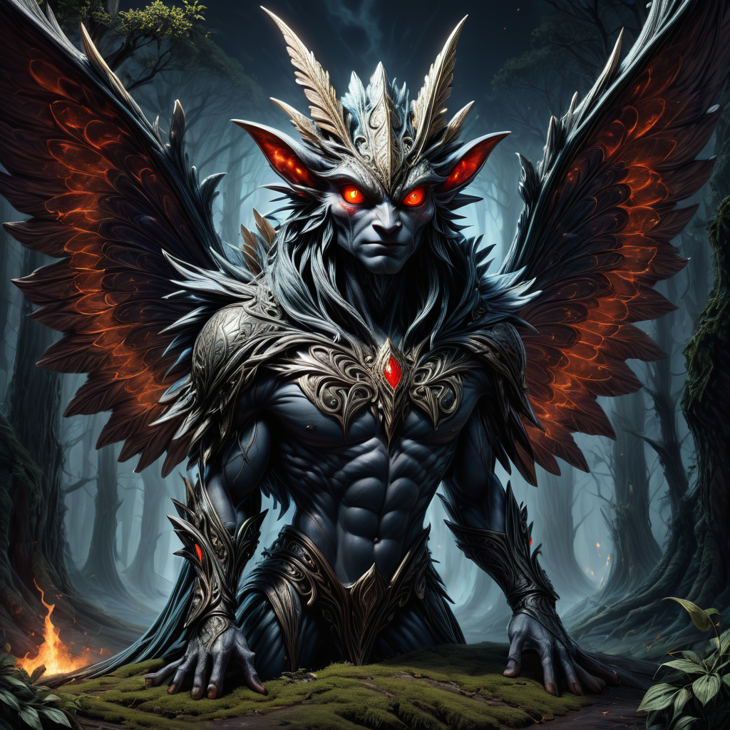 hyper detailed masterpiece, dynamic, awesome quality,LoromXL_Druidic_Naturalism,
dark elf, cryptid creature, humanoid, large moth wings, reflective red eyes, fur covered body, dark colors, tall imposing stature, foretelling disaster   <lora:LoromXL_Druidic_Naturalism:1>