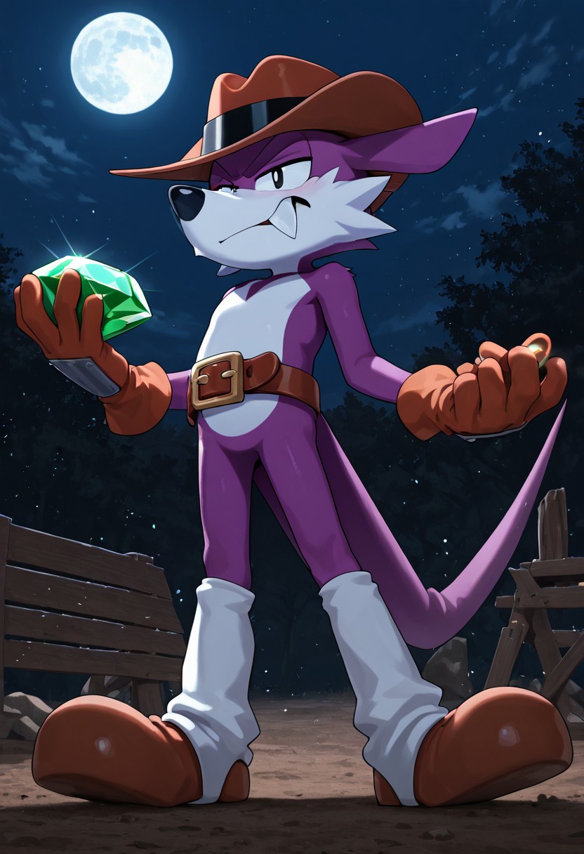 masterpiece, best quality, amazing quality, high detail, absurdres, solo, male, Fang the sniper, stetson hat, belt, gaiters, boots, Outback, Savana, gemstone, holding emerald, night, moon, Tarou_Band!t, looking at virewer, cocky
