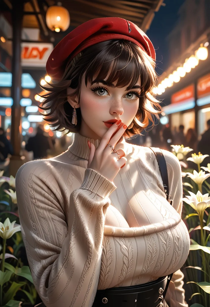 score_9, score_8_up, score_7_up, score_6_up, score_5_up, score_4_up, Cinematic Lighting, Volumetric Lighting, Bloom, Post Processing, Perfest Anatomy, Extermy Ely Detailed Eyes and Face, Perfect Eyes.
1girl, Solo,
dark brown hair, dark red hair,gray eyes,plump lips(((extremely short hair, tomboy hairstyle))), (((tall female))), (((very big eyes))),dark lips,
slim figure, narrow waist, wide hips , (big breasts:1.1), perfect round butt,
-clothes-Low warm sweater with open shoulders and neck, red beret, small earrings, simple ring on finger.
BREAK
girl stands sideways to the viewer, looking at the viewer, ((Holding a flower in her hands - a lily))((holding, Covering mouth with a lily. covering mouth, lily,))((bright blush))
Spring park, on the street, a large monument in the background, many flowers, yellow sun, rays of light, sky,
Close-up.
Focus on the face.
(realistic style photo),dynamic lighting, warm lighting, dreamy lighting, realistic volumetric lighting <lora:detailed_notrigger:1> <lora:DandonFuga_Style_v.2_-_Pony:0.65>