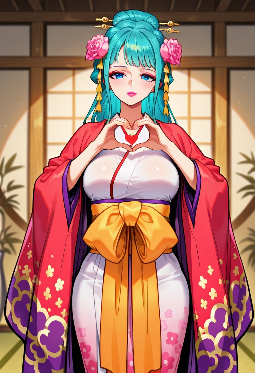 KouzukiHiyoriOP, 1girl, solo, slim woman, beautiful woman,  long hair, turquoise hair, aqua hair, hair reaches her waist, blue eyes, makeup, lips, fuchsia lipstick, hair ornament, hair flowers,  large breast, extremely opulent red furisode kimono, japanese clothes, wide sleeves, sash, geta, kanzashi, tabi, sandals,
seductive pose, sexy pose, tease, 
masterpiece, best quality, ultra-detailed, very aesthetic, detailed background, very aesthetic, newest, scenery, highres, 4k, absurdres, 8k, colorful,vibrant, glowing, perfect face, 2d, perfect eyes, detailed eyes, 
 masterpiece, best quality, ultra-detailed, very aesthetic, newest, scenery, absurdres, perfect anatomy, , perfect face, perfect eyes, clear eyes, beautiful eyes, athletic, curvy body, athletic girl, perky tits, perfect tits, round breasts, 
cover page, foreshortening, heart hands,
Smooth Negative,
