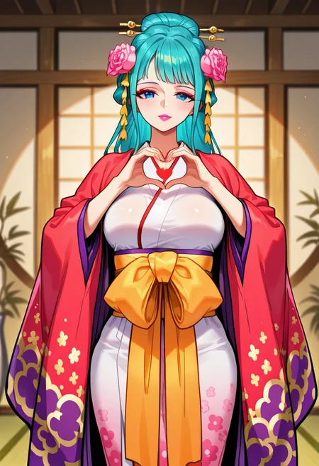 KouzukiHiyoriOP, 1girl, solo, slim woman, beautiful woman, long hair, turquoise hair, aqua hair, hair reaches her waist, blue eyes, makeup, lips, fuchsia lipstick, hair ornament, hair flowers, large breast, extremely opulent red furisode kimono, japanese clothes, wide sleeves, sash, geta, kanzashi, tabi, sandals,
seductive pose, sexy pose, tease,
masterpiece, best quality, ultra-detailed, very aesthetic, detailed background, very aesthetic, newest, scenery, highres, 4k, absurdres, 8k, colorful,vibrant, glowing, perfect face, 2d, perfect eyes, detailed eyes,
masterpiece, best quality, ultra-detailed, very aesthetic, newest, scenery, absurdres, perfect anatomy, , perfect face, perfect eyes, clear eyes, beautiful eyes, athletic, curvy body, athletic girl, perky tits, perfect tits, round breasts,
cover page, foreshortening, heart hands,
Smooth Negative,