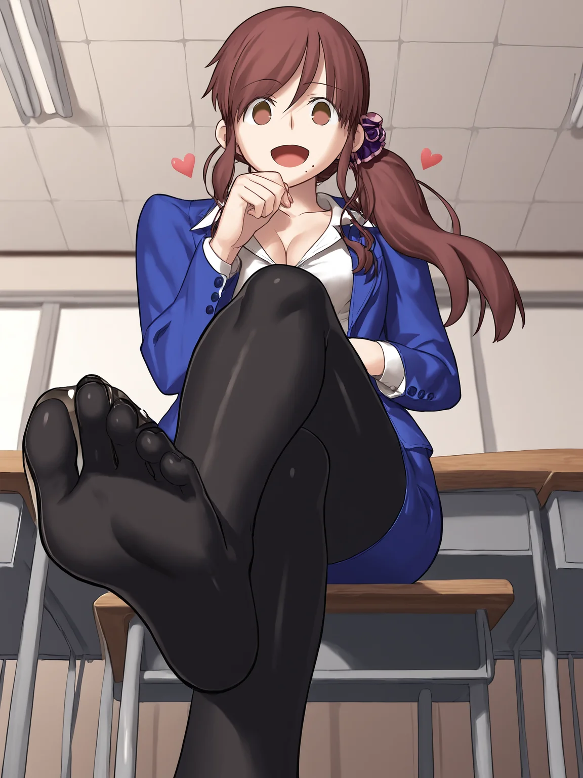 score_9, score_8_up, score_7_up, score_6_up, source_anime, BREAK
detailed face, detailed eyes, 1girl, solo, <lora:Tsukihime_Noel_Aizome_Pony_v1:0.95>, noel_teacher, classroom, (blue jacket, blue skirt:1), (pencil skirt, miniskirt:1.3), collarbone, partially unbuttoned, cleavage, mini skirt, thighs, (black pantyhose:1.3), black pumps, high heels, side ponytail, purple scrunchie, hair scrunchie, (hair on shoulder:1.3), swept bangs, thicc thighs, smiling, low ponytail, (legs crossed:1.5), from below, pov, leaning on desk, looking down at viewer, from below, hand under chin, (floating love hearts:1.5), open mouth, feet, foot focus, (tilting head:1.5), crossed legs, foreshortening,