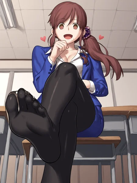 score_9, score_8_up, score_7_up, score_6_up, source_anime, BREAK
detailed face, detailed eyes, 1girl, solo, <lora:Tsukihime_Noel_Aizome_Pony_v1:0.95>, noel_teacher, classroom, (blue jacket, blue skirt:1), (pencil skirt, miniskirt:1.3), collarbone, partially unbuttoned, cleavage, mini skirt, thighs, (black pantyhose:1.3), black pumps, high heels, side ponytail, purple scrunchie, hair scrunchie, (hair on shoulder:1.3), swept bangs, thicc thighs, smiling, low ponytail, (legs crossed:1.5), from below, pov, leaning on desk, looking down at viewer, from below, hand under chin, (floating love hearts:1.5), open mouth, feet, foot focus, (tilting head:1.5), crossed legs, foreshortening,