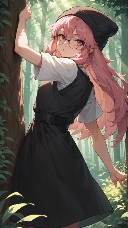 score_9,score_8_up,score_7_up,score_6_up, <lora:xl_more_art-full_v1:0.5>, source_anime, girl, dynamic pose, leaning back against a wall, <lora:Kazuho Haneyama (Pop Step) - Pony:0.8>, pink hair, long hair, pink eyes, round glasses, bangs, black dress, white sleeves, black beanie, white sleeves, short sleeves, forest, light rays, nature,