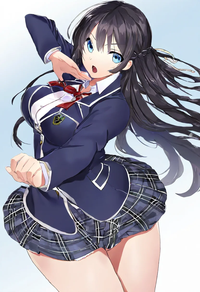 masterpiece,best quality,
<lora:MSIZE_Style_Pony:1>,msize_style,1girl,solo,long hair,black hair,braid,blue eyes,school uniform,skirt,plaid skirt,jacket,ribbon,blazer,plaid,large breasts,open mouth,
looking at viewer,cowboy shot,dutch angle,dynamic pose,
