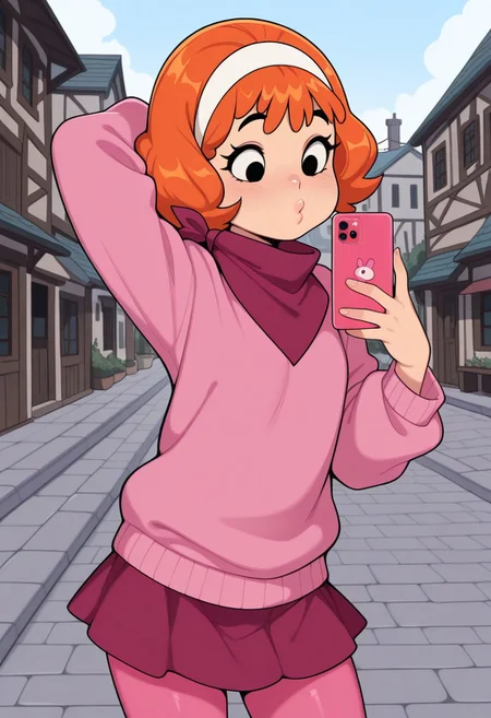 masterpiece, best quality, amazing quality, Daphne_Pup, orange hair, black eyes, Pink sweater, dark pink neckerchief, white hairband, dark pink skirt, pink tights, cowboy shot, holding smartphone, selfie, puckered lips, one arm behind head, pose, outdoors, town, looking at phone,