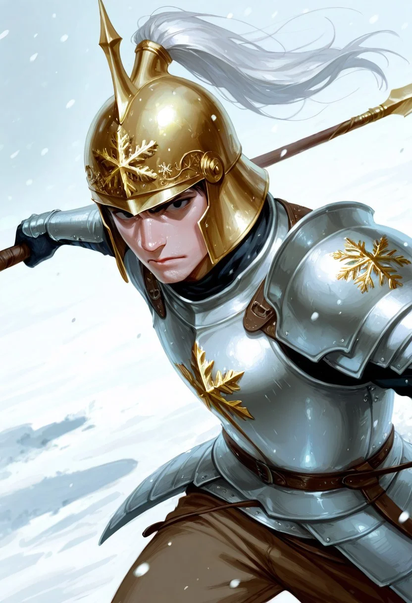 realistic shading, natural lighting, expressive serious face, machawdw-helmetted 1male focus, gold-white_machawdw_ponytail helmet, black eyes, eye_focus, holding spear, spear, fighting stance, cuirass, brown pants, armor, shiny skin, cowboy shot, snowing, snowflake, surreal, symbolic background, shadow, foreshortening, dutch angle, dynamic angle, dynamic action, intricately detailed illustration, cinematic, depth of field, atmospheric perspective, masterpiece, best quality, amazing quality, very aesthetic, absurdres, newest