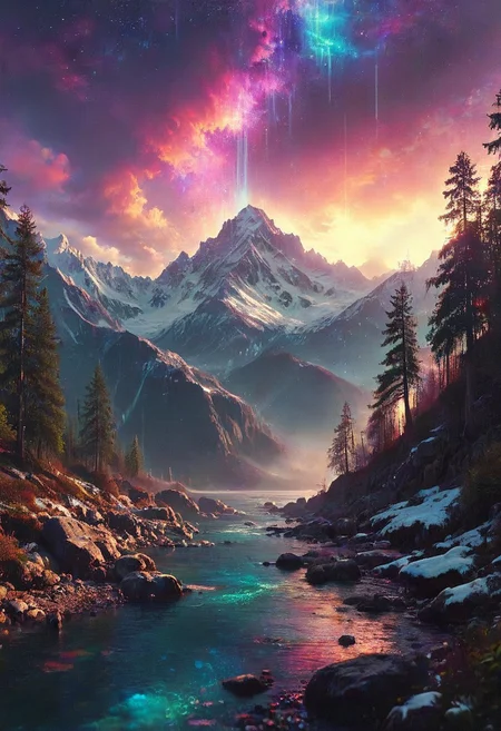 glitchstyle, glitch, flickering, digital, glitch style, 35mm photograph, film, bokeh, professional, beautiful fantasy forest with a snow capped mountain in the background and a lake at night with nebula in the sky, purple blue yellow sky, hyperrealistic, super realistic, sharp focus, 32k, (((masterpiece))) (((ultimate quality))), exquisite beauty, highiest texture resolution, photorealistic, fantasy setting, epic composition