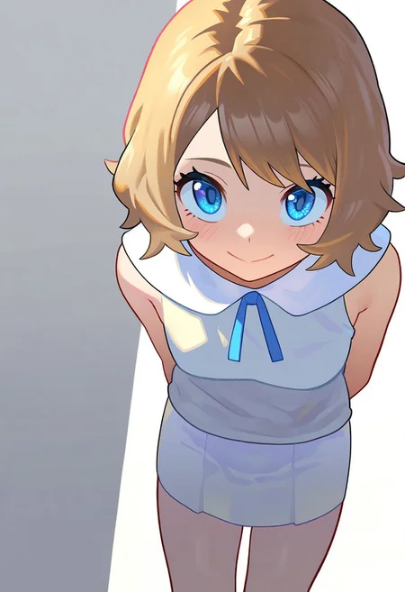 masterpiece, best quality, very aesthetic, high resolution, ultra-detailed, absurdres, newest, extremely detailed eyes, beautiful, perfect lighting, hi res, amazing quality, very awa, Brightly Lit, Highly Visible, 8k, sharp focus, beautiful, perfect lighting, volumetric lighting, scenery, painting_(artwork), PSTL_ST, 1girl, solo, looking at viewer, smile, short hair, bangs, blue eyes, skirt, simple background, brown hair, shirt, hat, white background, ribbon, holding, closed mouth, heart, sleeveless, vest, neck ribbon, leaning forward, arms behind back, blue ribbon, headwear removed, hat removed, holding clothes, holding hat, serena \(pokemon\)