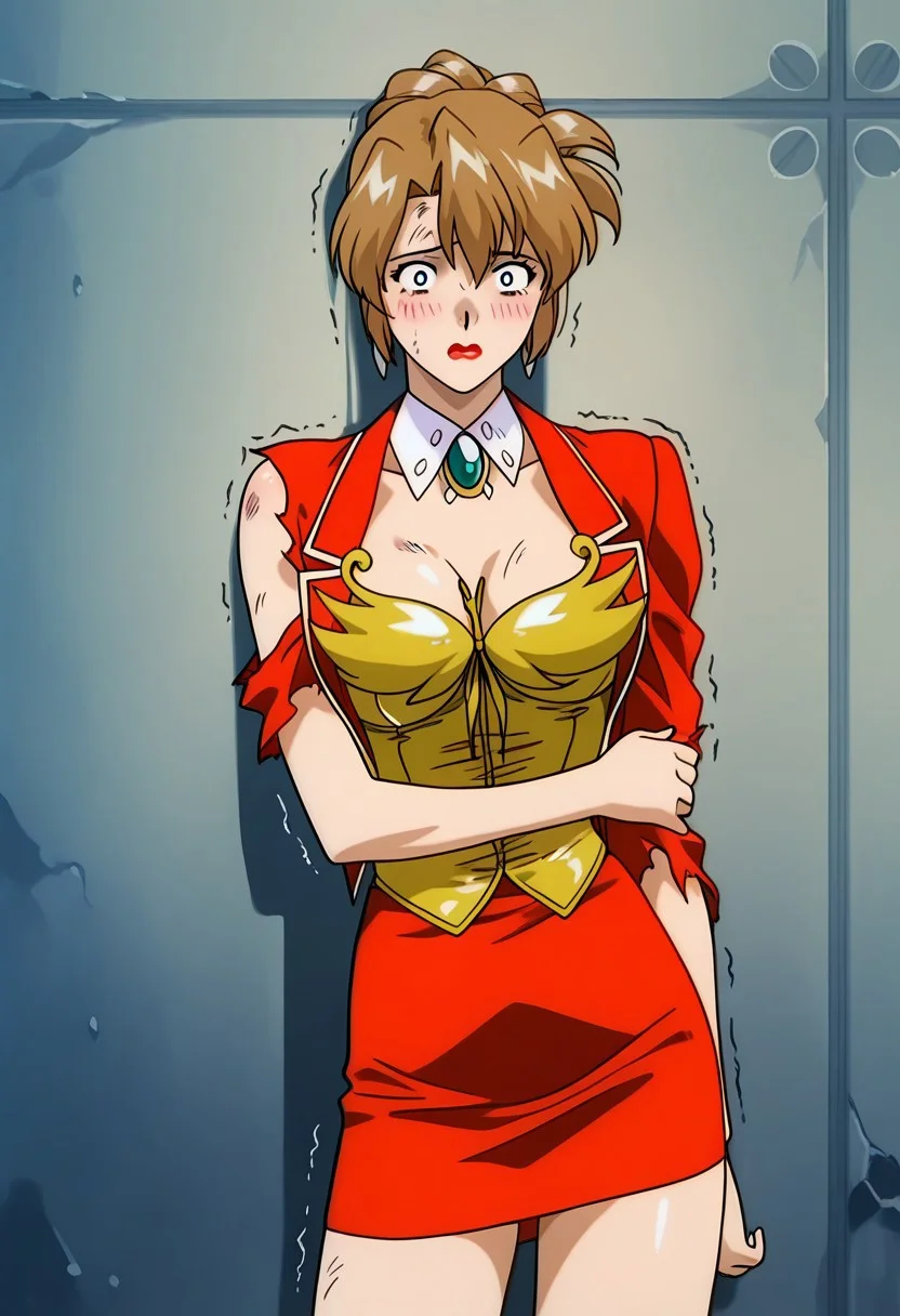 anime coloring, anime screencap, masterpiece, best quality,
BREAK
1girl, a1k4, short brown hair, red jacket, red skirt, detached collar, gold bustier, red lips, blue eyes, wet, shiny skin, bruise,
BREAK
1girl, (blush:1.5), (arm at side:1.5), (arm across stomach:1.5), (holding arm at side:1.5), (against wall:1.5), (scared:1.5), (defeat:1.5), (trembling:1.5), (torn clothes:1.5), (missing sleeve:1.5),
BREAK
1girl, (standing:1.5),
BREAK
indoors, large room, metal walls, damaged wall,
BREAK
(front view:1.5), (cowboy shot:1.5), (against wall:1.5)