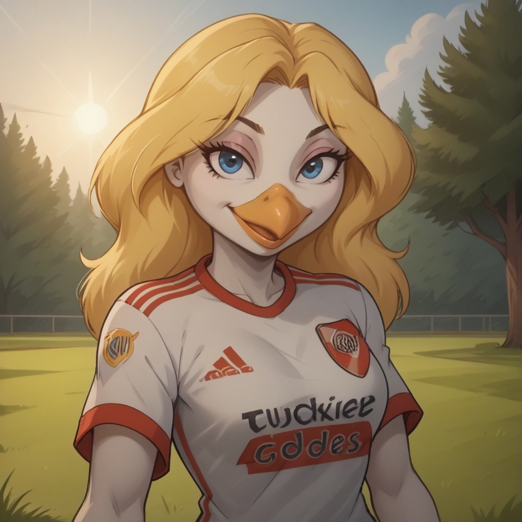 score_9, score_8, BREAK, solo, blonde hair, bird girl, humanoid bird, furry, beak, white skin, blue eyes, RiverPlate, striped shirt, striped, shirt, white shirt, short sleeves, clothes writing, sportswear, soccer uniform, Gandra_Dee_(DuckTales), sexy pose, self portrait, smile, outdoors, sunlight, shadows, evening lighting, natural lighting, forest, trees, grass, orange sky, sunset