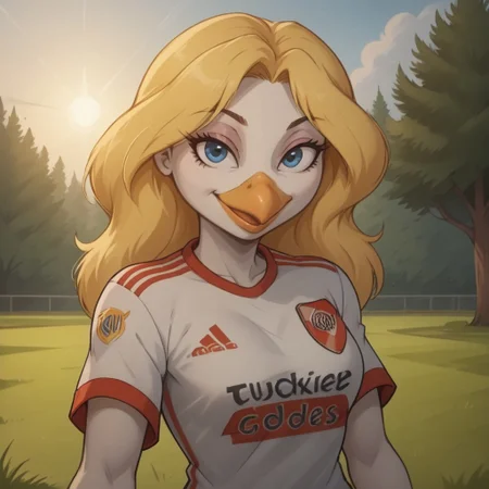 score_9, score_8, BREAK, solo, blonde hair, bird girl, humanoid bird, furry, beak, white skin, blue eyes, RiverPlate, striped shirt, striped, shirt, white shirt, short sleeves, clothes writing, sportswear, soccer uniform, Gandra_Dee_(DuckTales), sexy pose, self portrait, smile, outdoors, sunlight, shadows, evening lighting, natural lighting, forest, trees, grass, orange sky, sunset