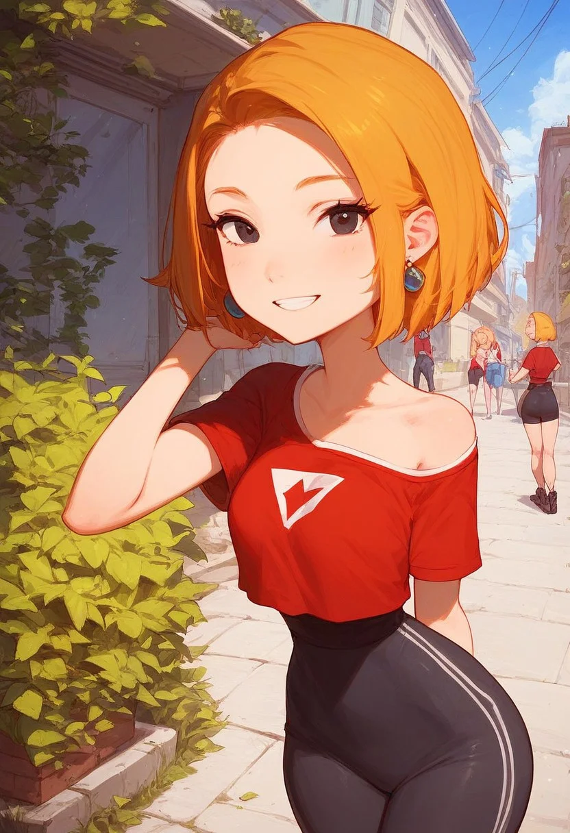 score_9,score_8,score_7,score_8_up,score_7_up,
(source cartoon), NSFW, girl, full body,
<lora:LorMcQuarrie_PXL_Leaf1:1> lormcquarrie, 1girl, solo, blonde hair, short hair, black eyes, red shirt, short sleeves, upper body, outdoors, looking at viewer,
narrow waist, slim, wide hips, short hair, earrings, perfect round breasts, eyelashes, smiling,
crop top, (miniskirt or leggings), tight clothing,
cleavage, shoulder slip, bare shoulders, narrow waist, wide hips,
looking at viewer, outdoors, natural light, sunny, riverside,
<lora:Expressive_H:1> Expressiveh,
<lora:add-detail-xl:1>